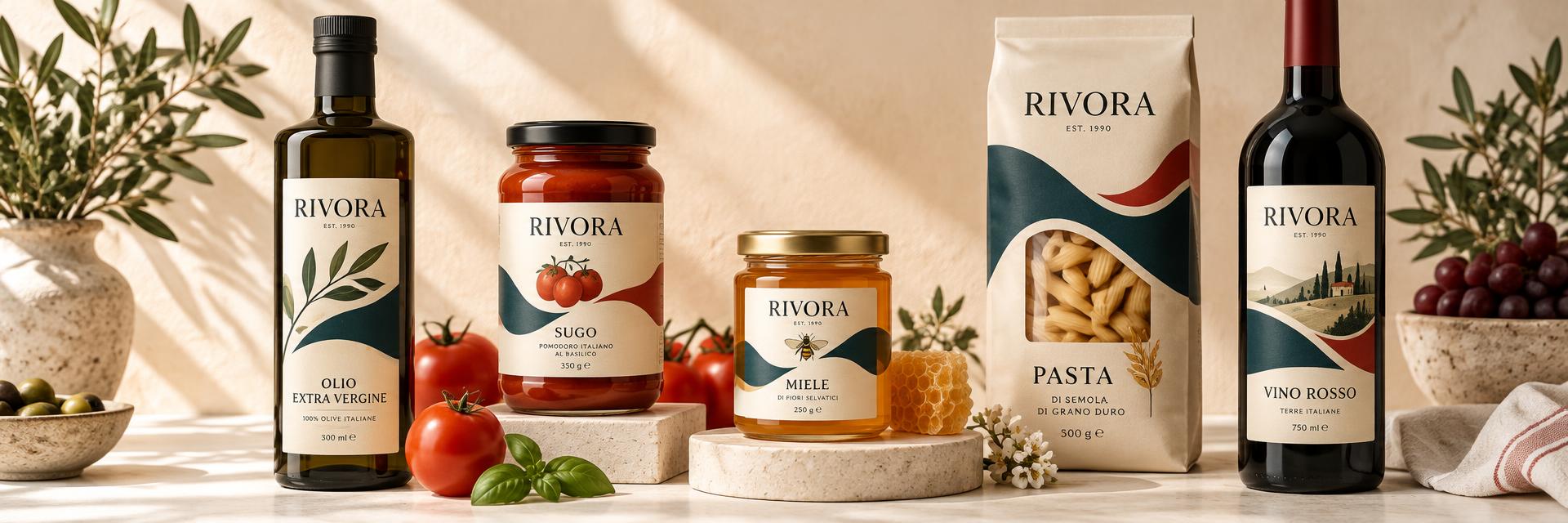 Mockup di prodotti alimentari — olio, sugo, miele, pasta e vino con etichette Eticpress